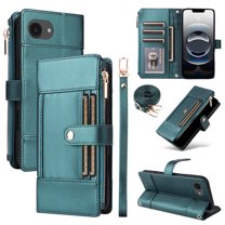 Designed for iPhone 16e Crossbody Wallet Phone Case, With Shoulder Strap&Wrist Strap,Flip Folio Kickstand,Card Slots,Zipper Pocket,PU Leather Magnetic Snap Shockproof Phone Case,Green