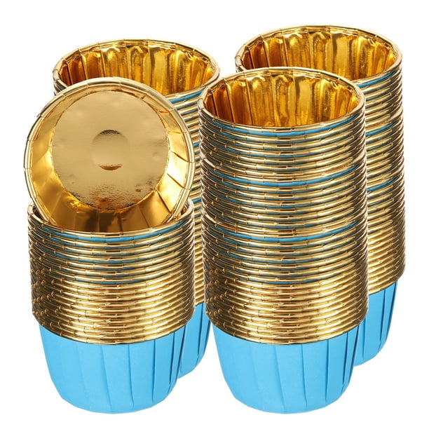 Moldes para cupcakes de foil metálico para hornear, 150Pcs moldes para cupcakes, soportes para cupcakes, Azul/Dorado