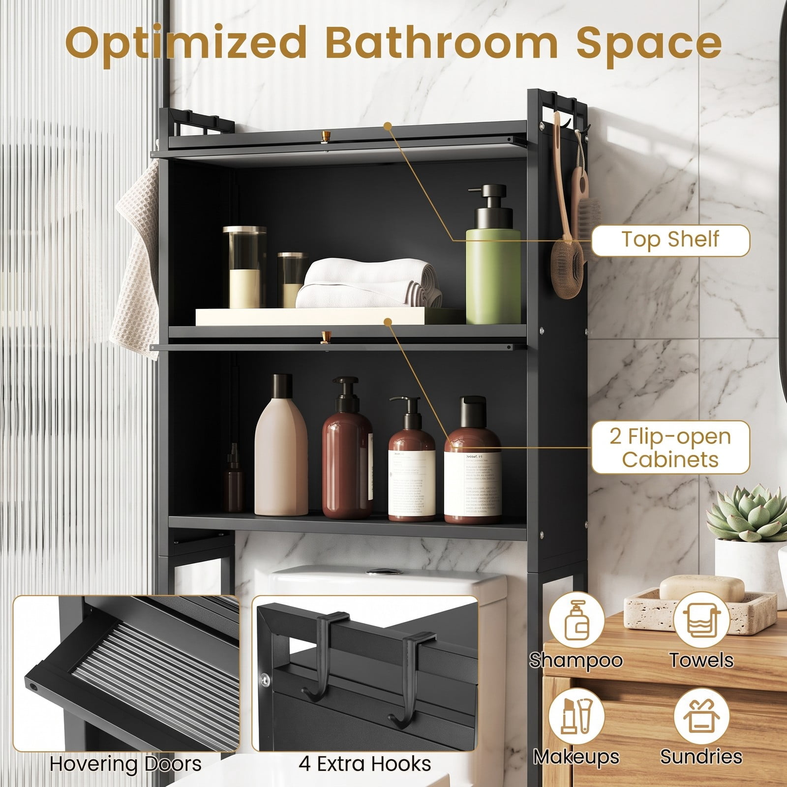 ALPULON Over the Toilet Cabinet Bathroom Organizer with 2 Flip-Up Fluted Door Cabinets and 4 Side Hooks for Storage, Black