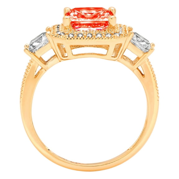 3.005 ct Princess Cut Simulated Red Diamond Three-Stone Engagement Ring for Women in 18K Yellow Gold
