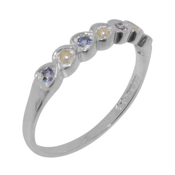 LBG British Made 10k White Gold Cultured Pearl & Tanzanite Womens Eternity Ring - 33 size options - Size 4.75
