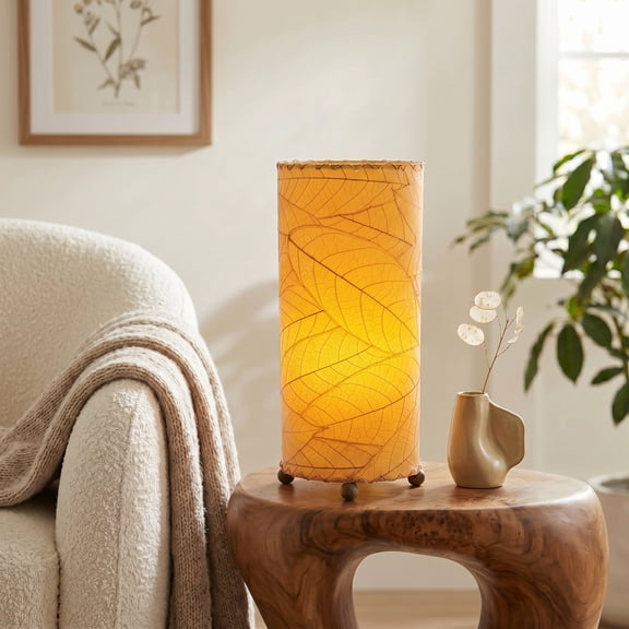 Eangee Home Design Cocoa Leaf Cylinder Table Lamp, Shade Made Of Cocoa Leaves, 7x7x17 Inches