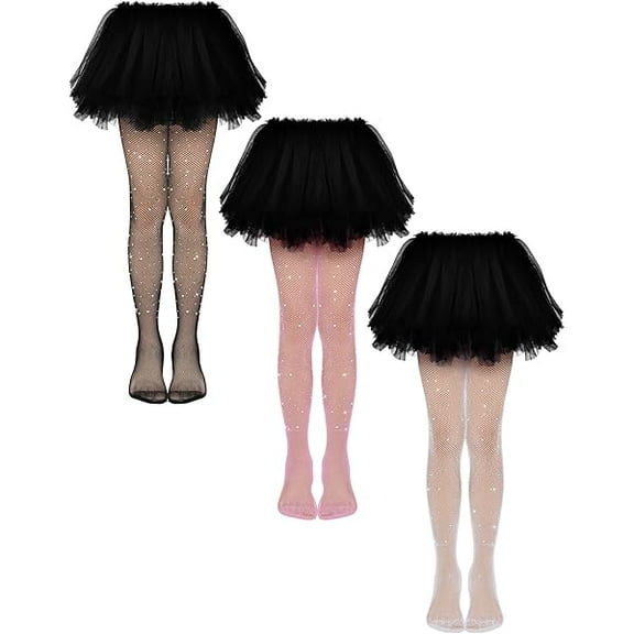ZC 3 Pcs Girls Rhinestone Tights Sparkle Fishnet Kids Bling Mesh Stockings Glitter Hollow out Pantyhose