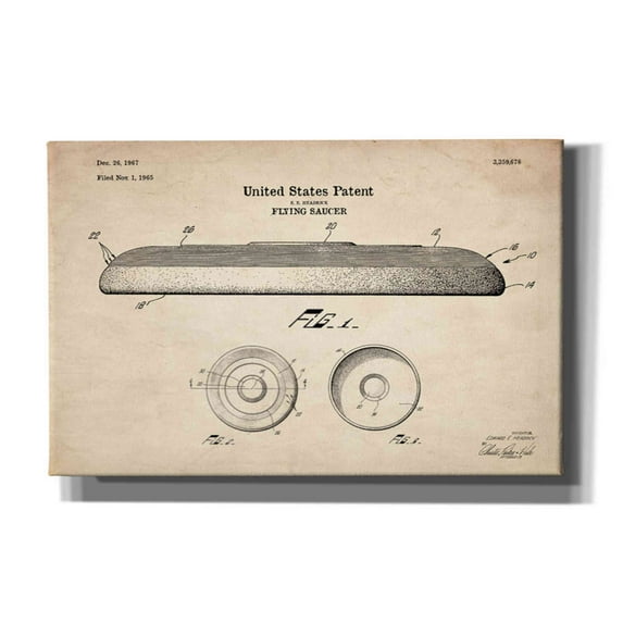 Epic Graffiti "Flying Disc Blueprint Patent Parchment" Giclee Canvas Wall Art, 40"x26"