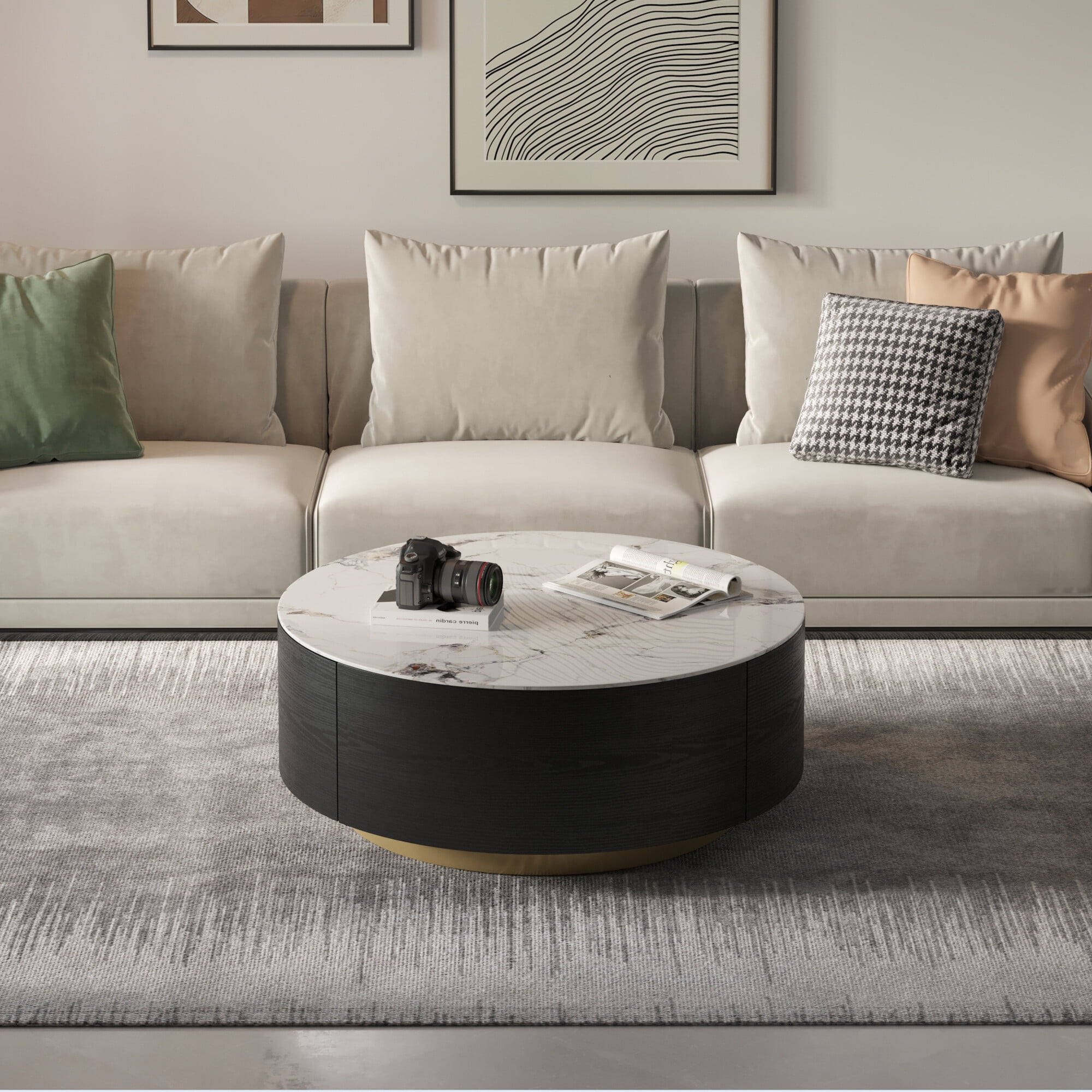 Magic Home Modern Round Coffee Table with Two Drawers,Circle Coffee Table Space-Saving Multiple Purpose for Living Room,dining room and home office,Black White 2 Colors