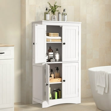Floor Cabinet, Asofer Bathroom Storage Cabinet with Adjustable Shelves and 4 Magnetic Doors, 43" Wooden Pantry Cabinet for Kitchen, Living Room, White