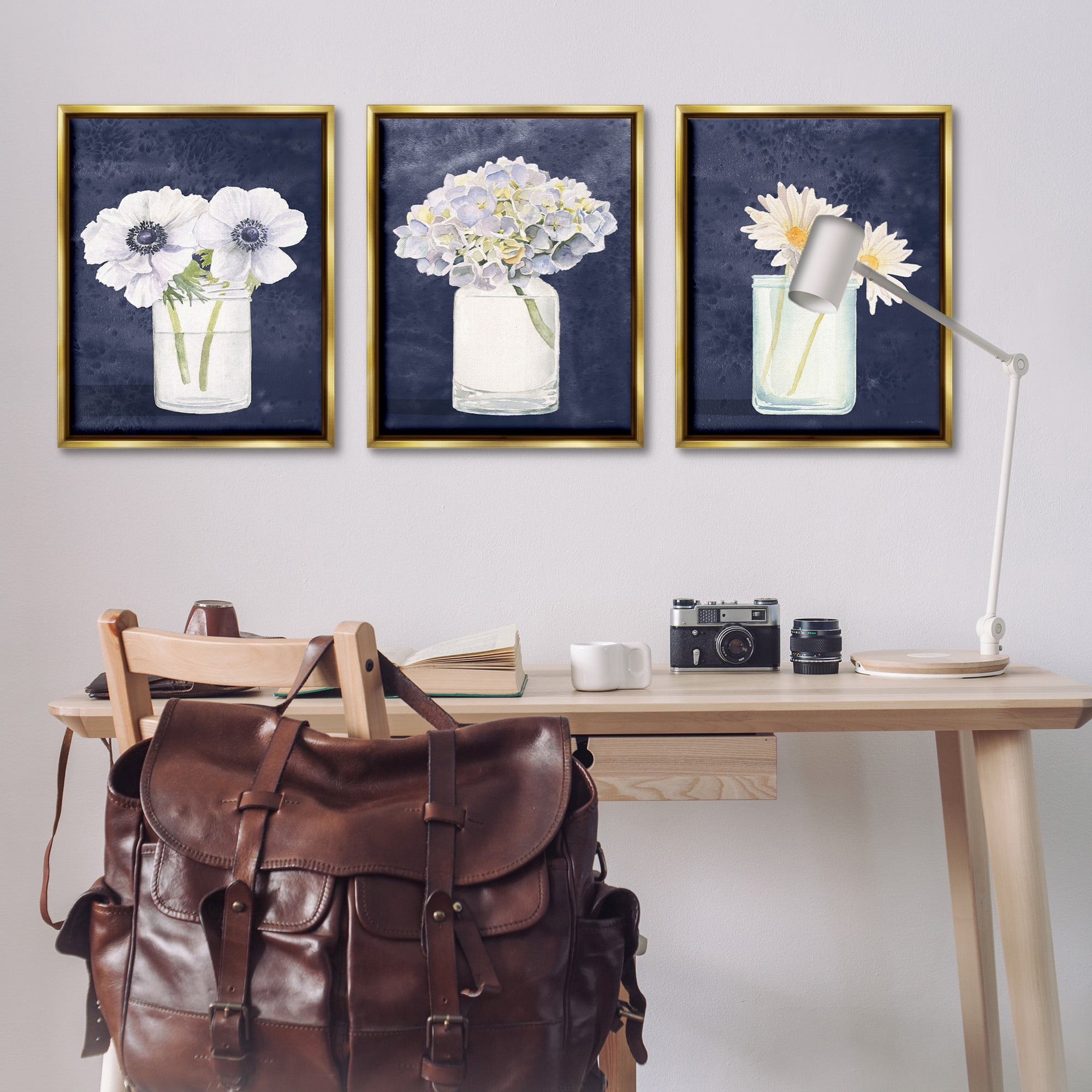 Stupell Industries Navy Blue Flower Bouquets Botanical & Floral Painting Gold Floater Framed Canvas Art Print Wall Art, 25 x 31, Set of 3