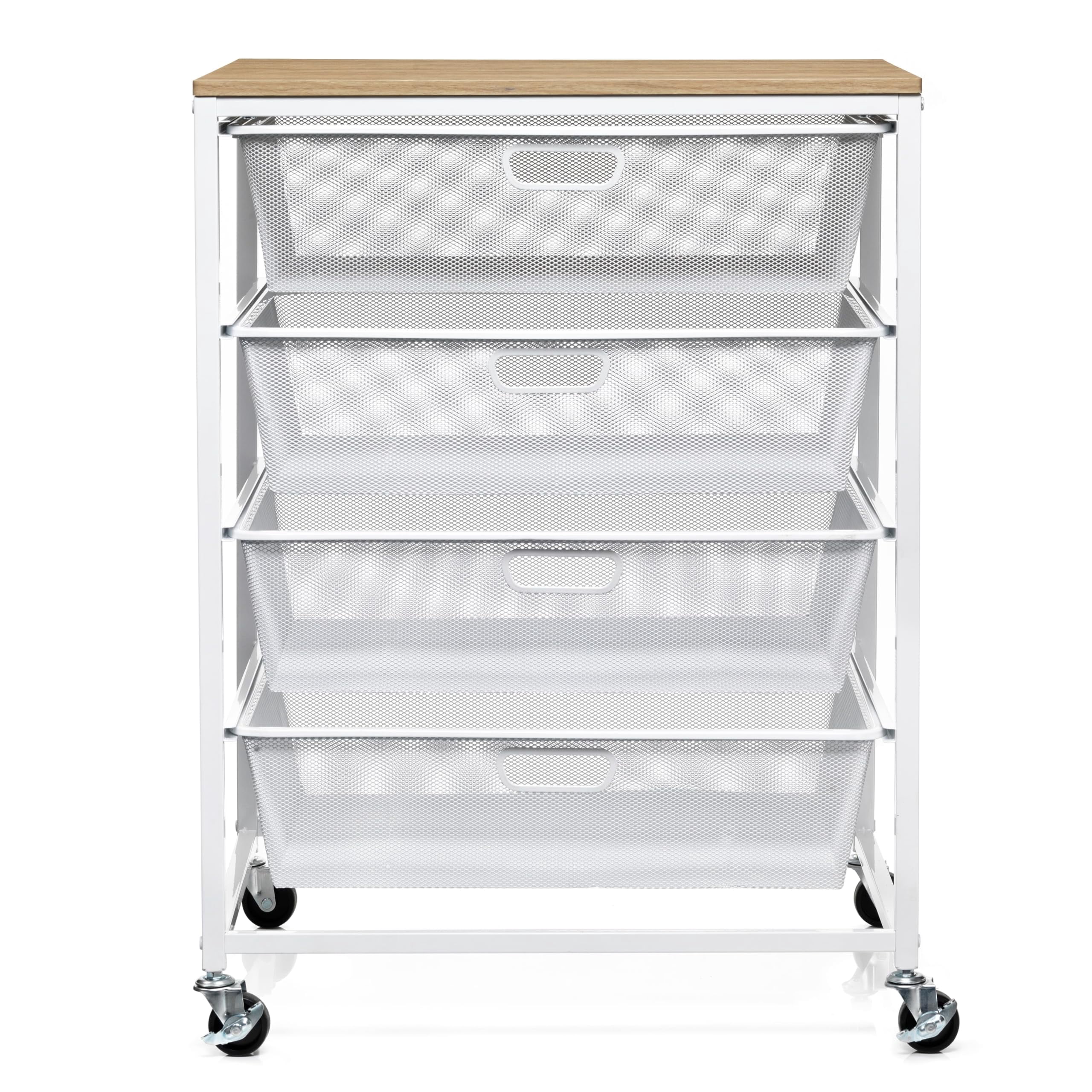 Metro White 4 Drawer Rolling Cart by Simply Tidy - Mobile Storage Organizer with Mesh Drawers & Woodgrain Top - Large Workspace for Craft - Office & Home Organization - 1 Pack