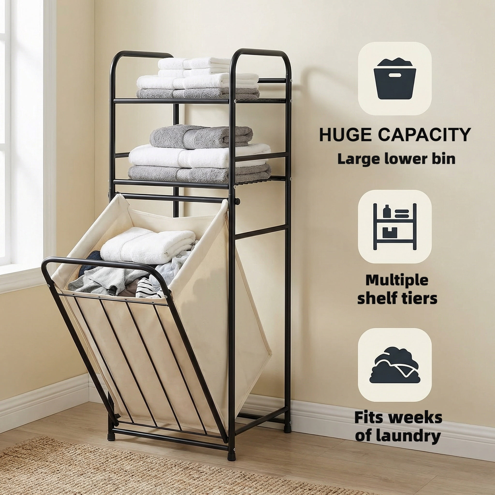 Takira Laundry Organize Basket Rack with Tilting Belt and Removable Bag,Featuring 2-Tier Shelving,Home