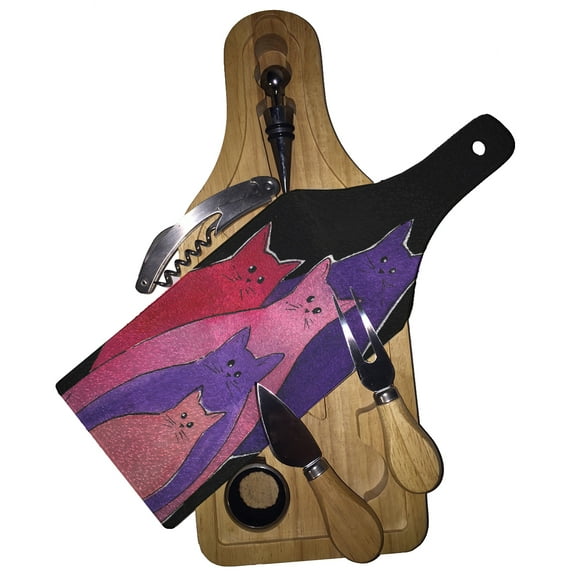 KuzmarK Wine & Cheese Glass Cutting Board Wood Box Gift Set - Pink Red Purple Abstract Kitites Cat Art by Denise Every