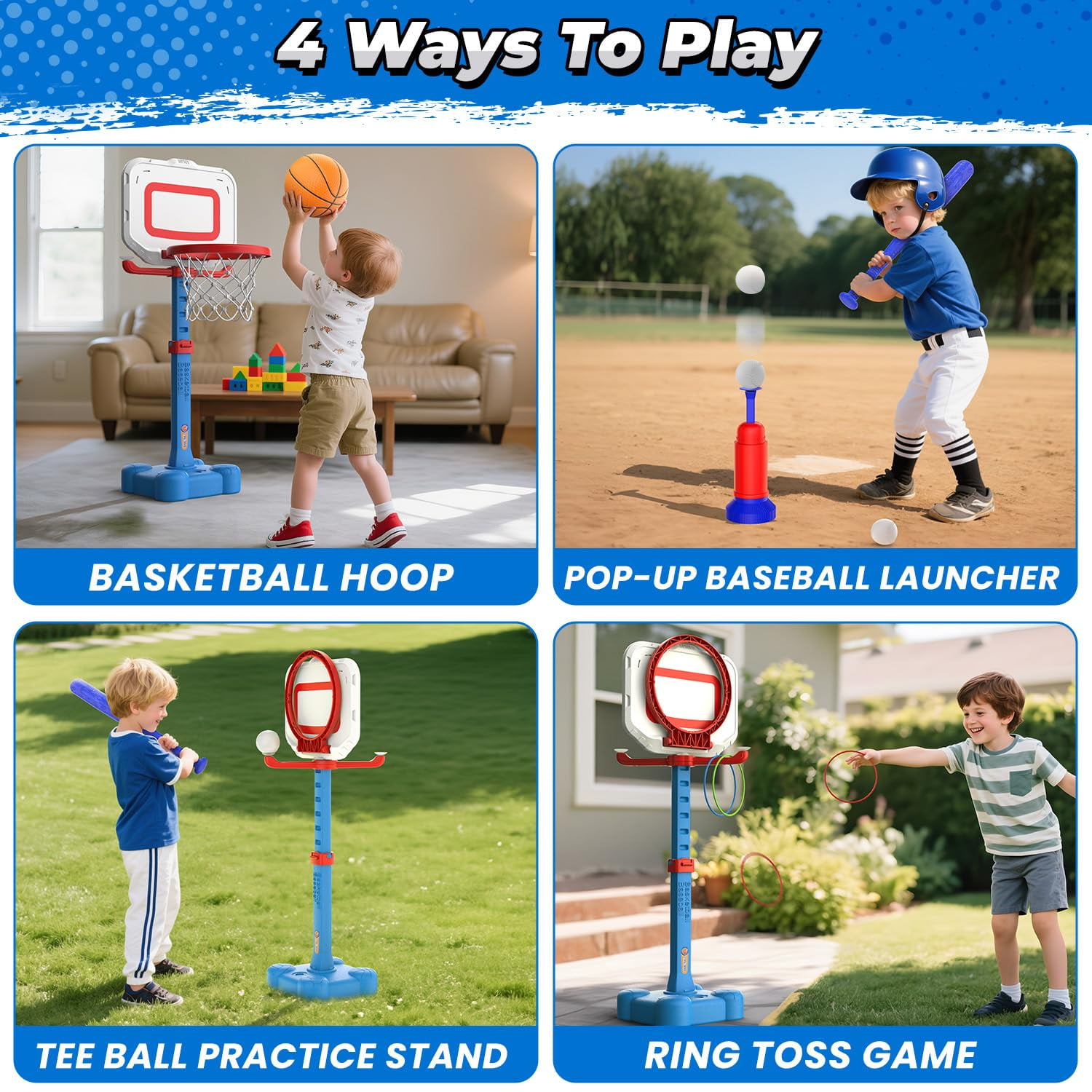 Lenbar 4-in-1 Toddler Basketball Hoop and T-Ball Set with Ring Toss Game, Adjustable Height, Indoor Outdoor Sports Toy for Boys and Girls Ages 3-8