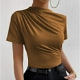 thumbnail image 4 of hotojiny Womens Mock Neck Tops Summer Short Sleeve Trendy Ruched Slim Tshirts Casual Comfy Solid Color Blouse, 4 of 5