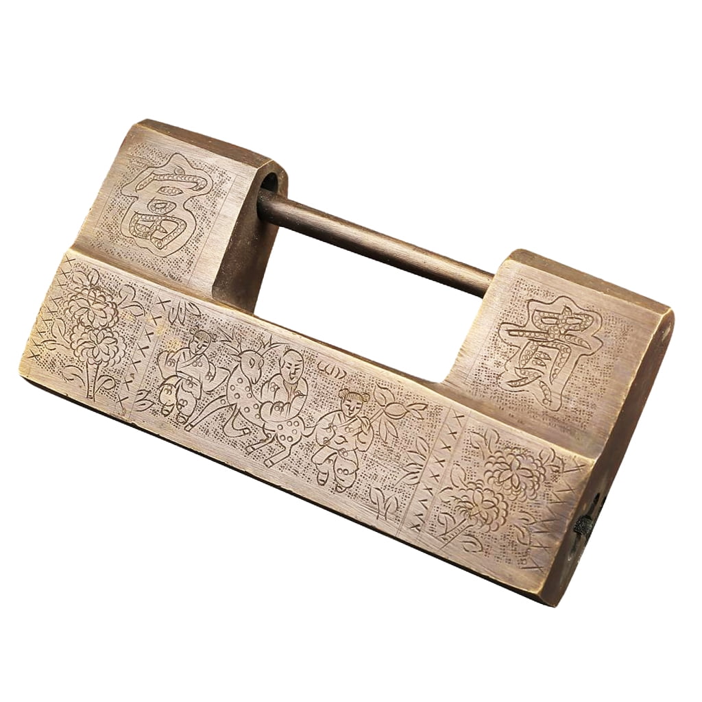 Old Style Key Brass Garden Jewelry Chinese Lock Carved Word Vintage Padlock 
