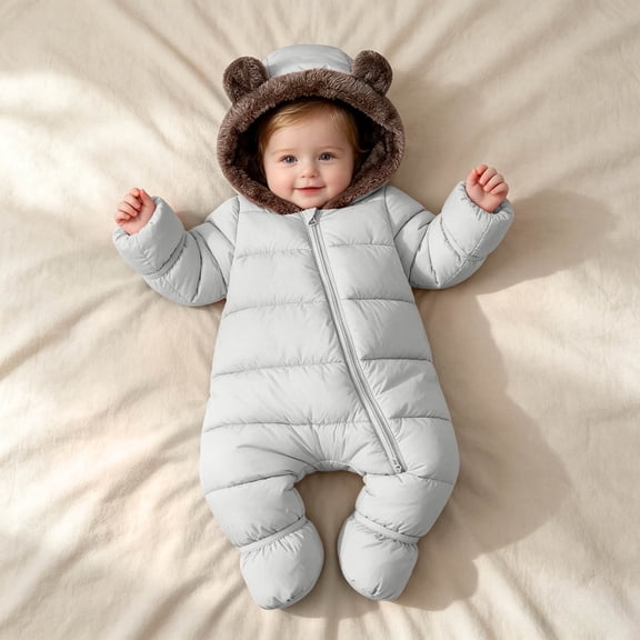 fnnxnal Footed Onesie Snowsuit for Kids Girls with Bear Ears Hood - Fleece Lined Padded Zipper Romper Gray,Size 6 Months