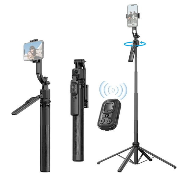 AI Face Tracking Phone Selfie Stick Tripod 360° Rotatable Gesture Control 4-Leg Extendable Max. 163.5cm/64.3in Quadrapod with 1/4 Inch Screw Detachable Phone Holder Remote Shutter Phone Tripod for