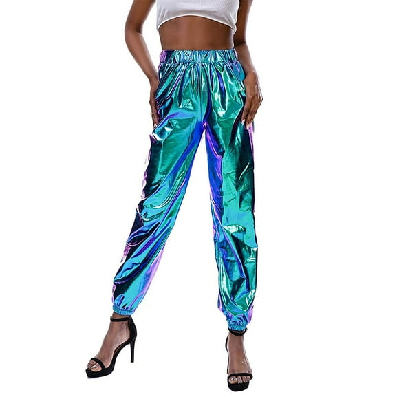 xiaxaixu Women Shiny Metallic Pants High Waist Stretchy Holographic Trousers