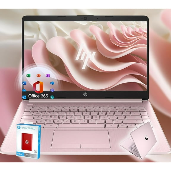 HP 14 Ultrabook • Back to School Limited Edition with Microsoft 365 • Intel 4-Core CPU • 32GB RAM • 1600GB Storage (64GB OnBoard withHP 512GB P500 Portable SSD   1TB OneDrive) • Pink • Win 11