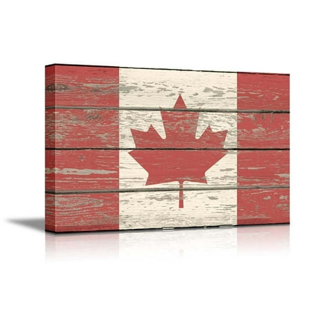 Wall26 - Canvas Prints Wall Art - Flag of Canada on Vintage Wood Board Background Stretched Canvas Wrap. Ready to Hang - 12