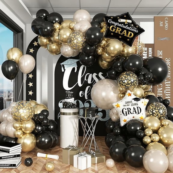 Black White Gold Balloon Arch Kit,Black Pearl White Sand Champagne Metallic Gold Garland Arch with Confetti Balloons and Graduations Star Graduation Cap Foil Balloons,for 2025 Graduation Decorations