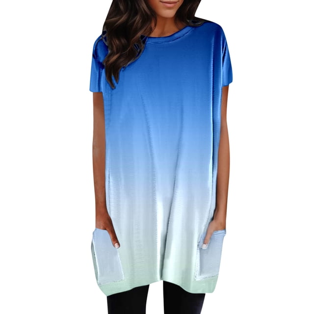 SNKSDGM T-Shirts à Manches Longues pour Femmes Grande Taille T-Shirts à Manches Longues pour Femmes Grande Taille Femmes Été Décontracté Col Rond Manches Courtes Poche Dégradé de Couleur Imprimé Long Haut TG