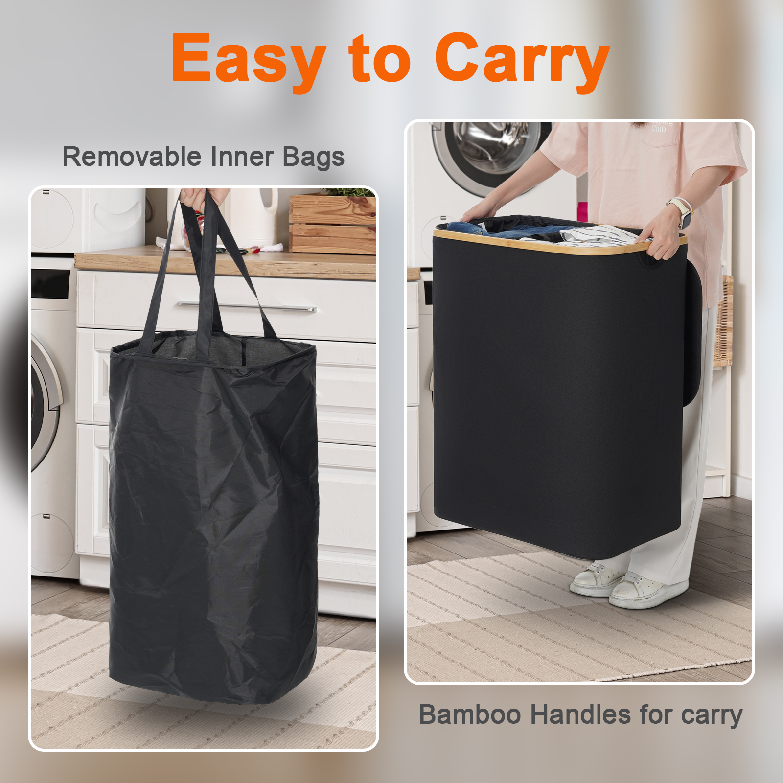 Generic 150L Large Laundry Hamper with Lid and Bamboo Handles, Laundry Basket Clothes Hamper with 2 Removable Bags for Bedroom, Dorm Room and Bathroom Scenarios, Black
