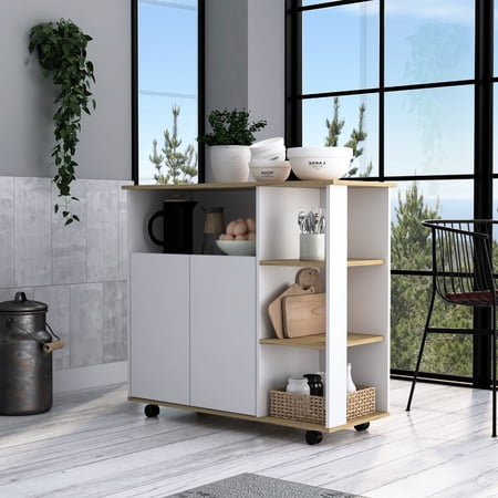 Kitchen Cart With Four Open Shelves Double Door Cabinet - Oak/white 39.69 In. Width Oak/white Cart: Cabinet Big Shelf