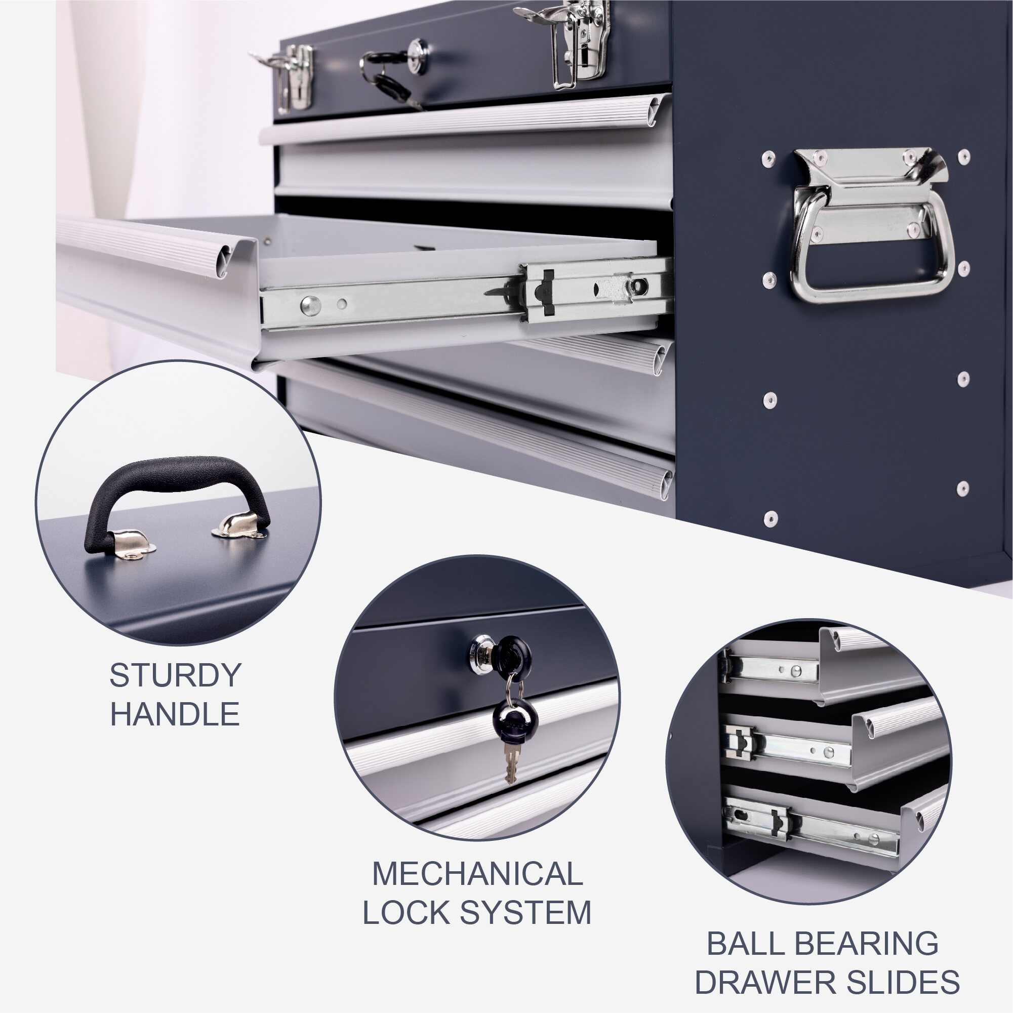 Mechanics Tool Box Heavy Duty Metal Tool Box, 21-inch, Portable Metal Tool Box with 4 Drawers, Small Tool Chest with EVA Liners, Ball Bearing Slide Drawers Locking & Powder Coated Finish, Multi-Funct