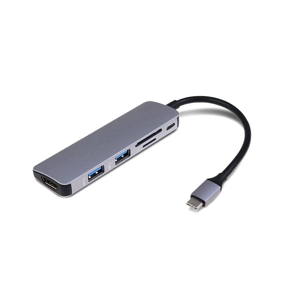 6 in1 Type C Hub Adapter with HDMI-compatible Multiport USB 3.0 TF PD Card Reader - Grey