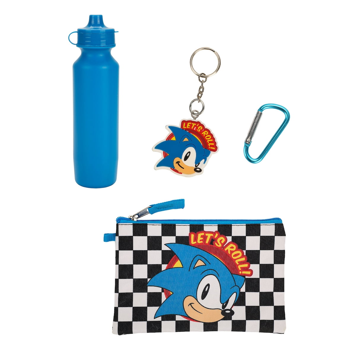 Sonic The Hedgehog Classic 5-Pc Duffle Bag Utility Case Water Bottle Key Chain and Carabiner