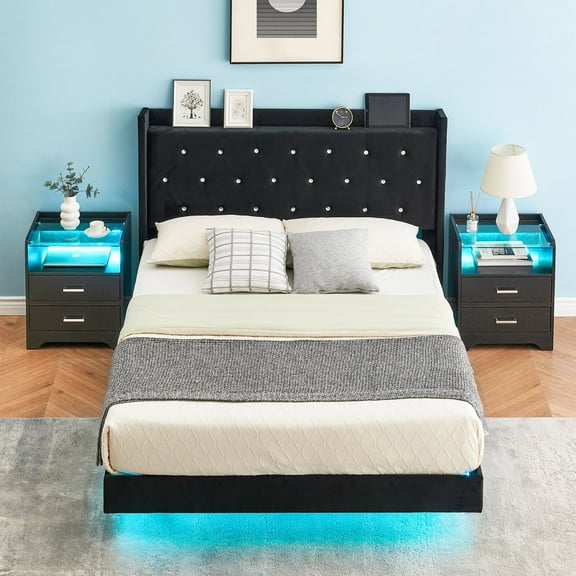 Bed Frame with LED Lights, Modern Wood Floating Bed Frame with Storage, Velvet Upholstered Headboard with Wingback