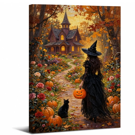 Framed Halloween Aesthetic Canvas Wall Art,Black Cat Victorian Haunted House Autumn Forest canvas print for bedroom living room decor,8x12in
