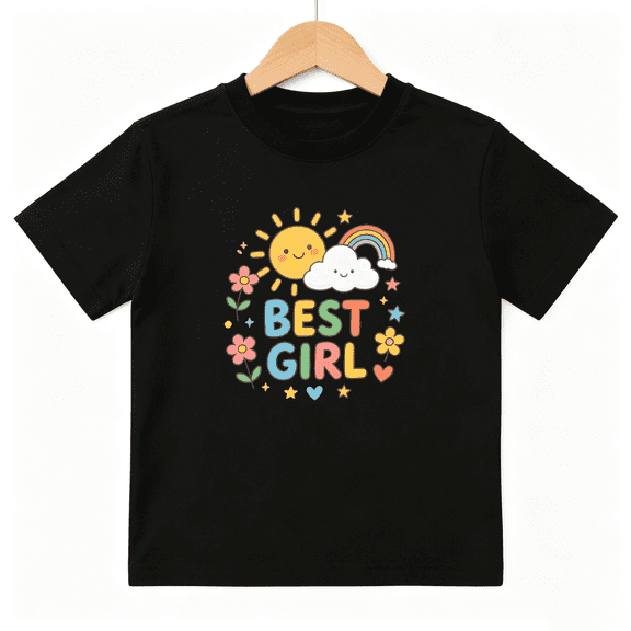 Best Girl Sun Rainbow Girls Graphic Tee, Cute Retro Flower 100% Cotton Kids Short Sleeve T-Shirt 4-13Y