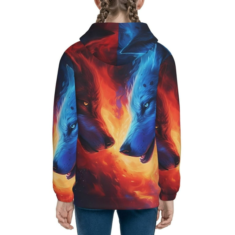 Lukts Red And Blue Fire Wolf Print Hoodies for Teenagers Sweatshirt with Pockets Long Sleeve Zip Up Hoodie Medium