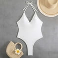 thumbnail image 3 of One Piece Halter Swimsuits for Women V Neck Sexy Thong Bathing Suit Ruched Back Tummy-Control Swimming Suits Pool White, L, 3 of 5
