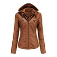 thumbnail image 4 of Feancey Women's PU Leather Jacket Motorcycle Bomber Jackets Biker Winter Coat with Detachable Hood Brown L, 4 of 5
