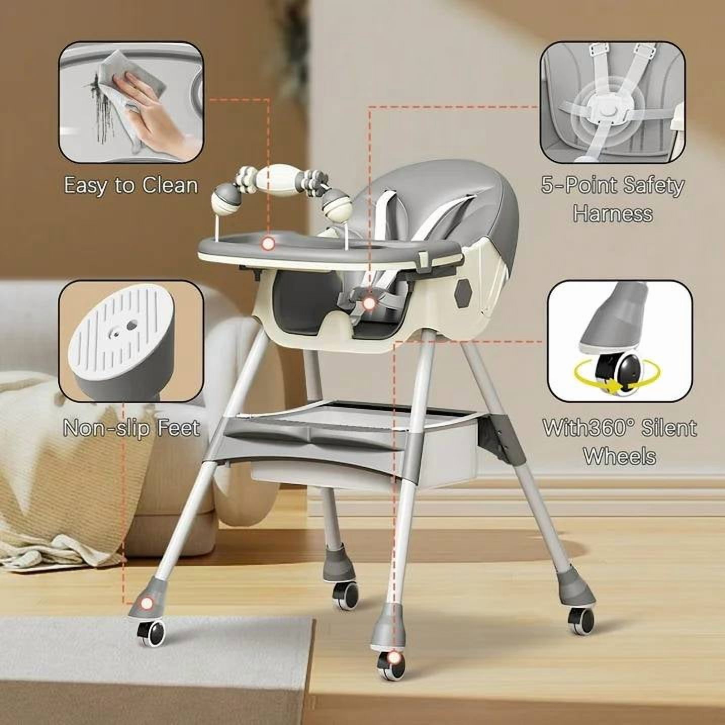 JieC Baby High Chair, 4 in 1 Convertible Highchair for Babies & Toddlers, Double Tray Dining Chair with 5-Point Harness & Silent Wheel,Gray