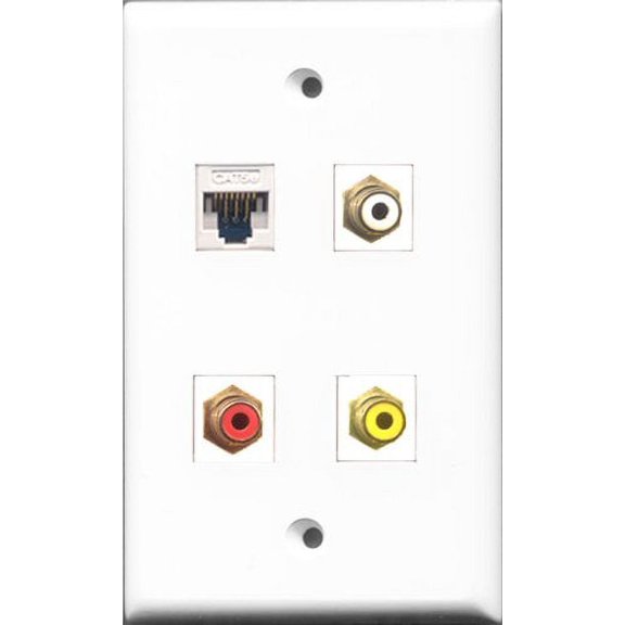 RiteAV 1 Port RCA Red and 1 Port RCA White and 1 Port RCA Yellow and 1 Port Cat5e Ethernet White Wall Plate