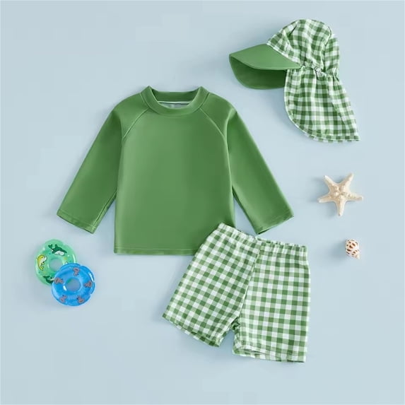 LIIPEE Boys Swimsuits Baby Long Sleeve Solid Color Rash Guard Swim Tops Plaid Trunks With Hat Three Piece Kids Casual Summer Swimming Beachwear Comfortable Breathable Cute Swimwear,Green,2-3 Years