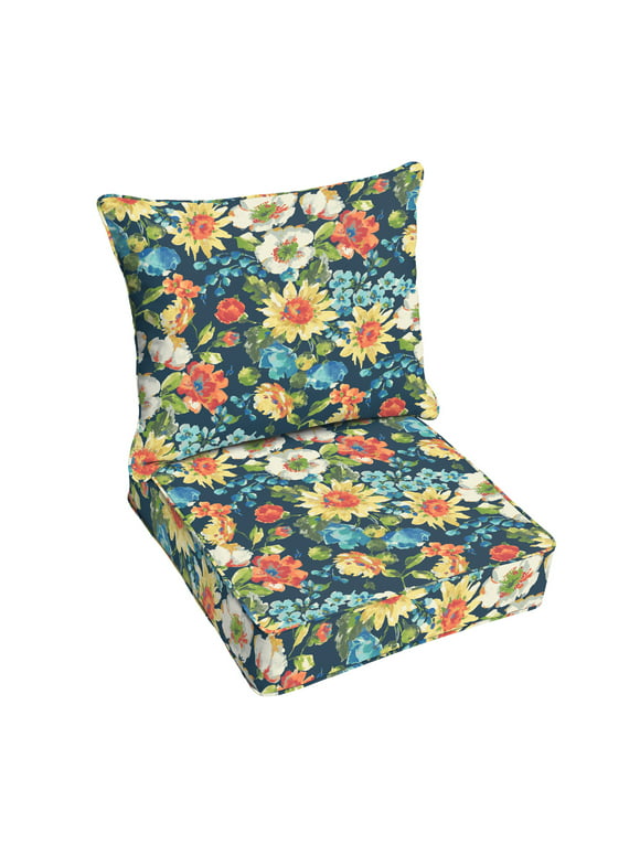 Blue Multi Floral Indoor/Outdoor Deep Seating Pillow and Cushion Set, Corded