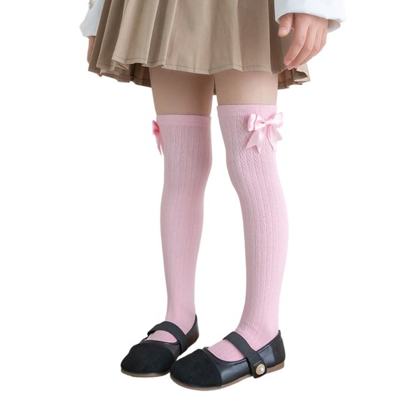 Girls Bow Knee High Socks Vertical Ribbed Cotton Long Stockings Soft Stretchy School Uniform Socks for Kids Daily Wear Party Dressy Outfits(3-8 Years,Pink)