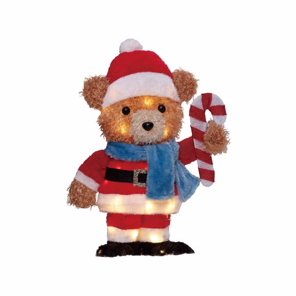 Indoor/Outdoor Light-Up Plush Bear with Candy Cane Christmas Decoration with 30 LED Lights, Warm White, 18", by Holiday Time