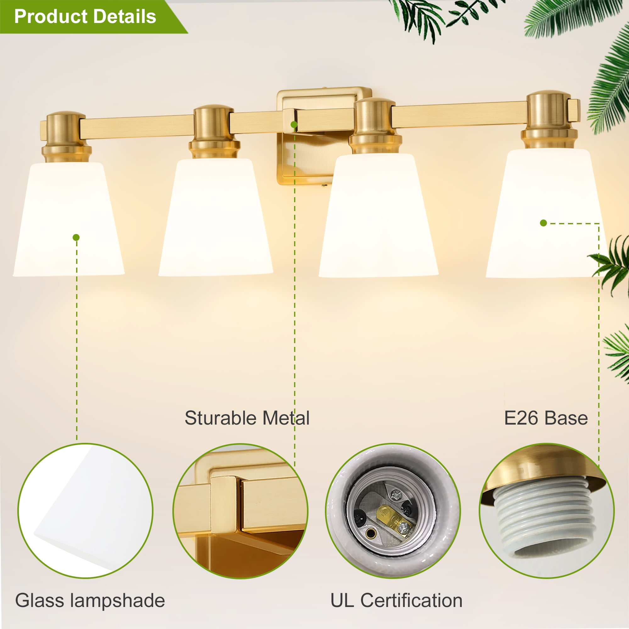 Deyidn 30" 4-Light Vanity Light, Gold Dimmable Bathroom Light Fixture with Milk White Cone Shades for Modern Farmhouse