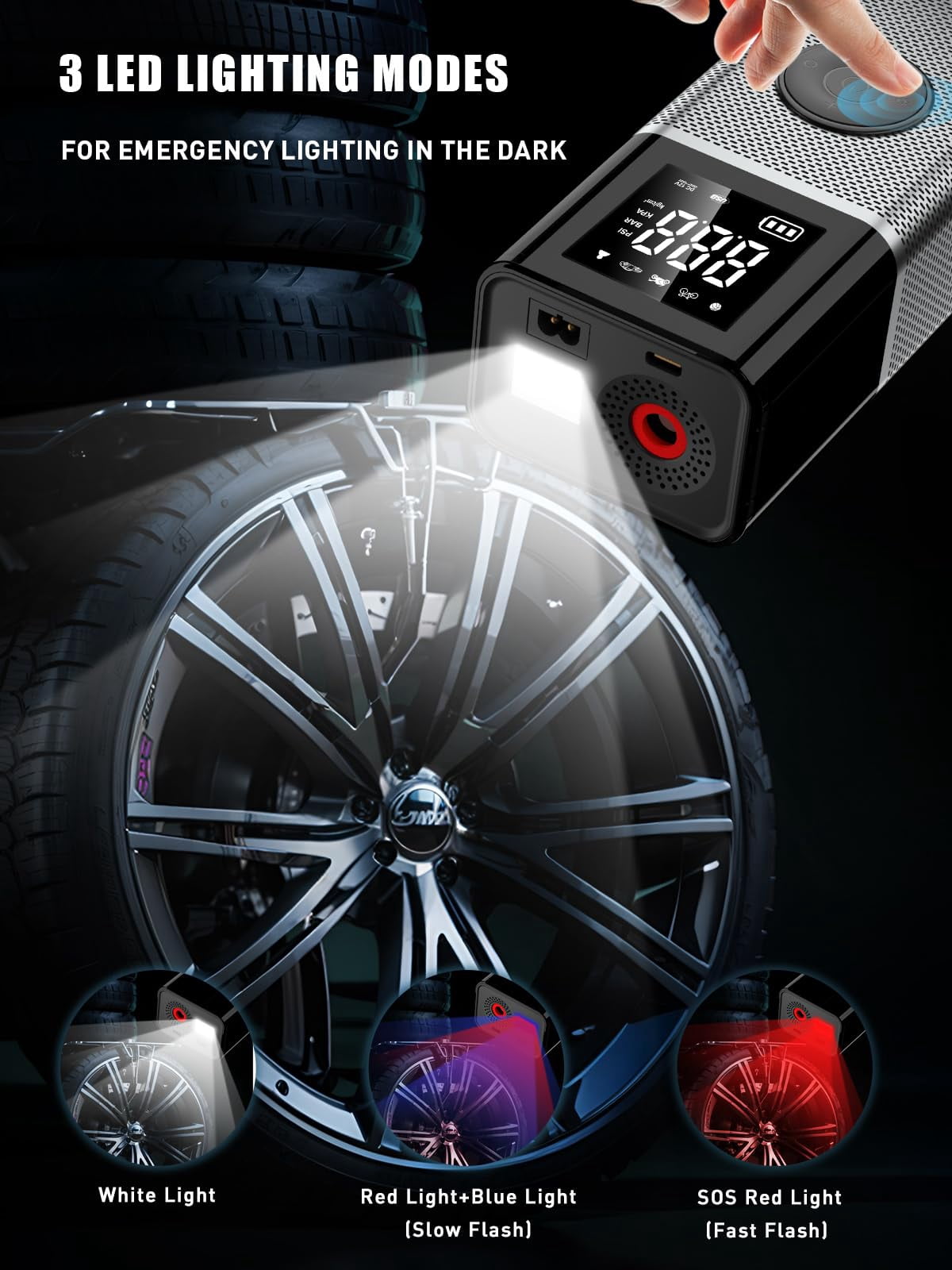 OneAmg Cordless portable tire inflator, 4x speed 150 PSI portable air compressor, featuring a 7800mAh battery, LED display, automatic shut-off, pressure gauge, and LED light, suitable for cars, bicyc