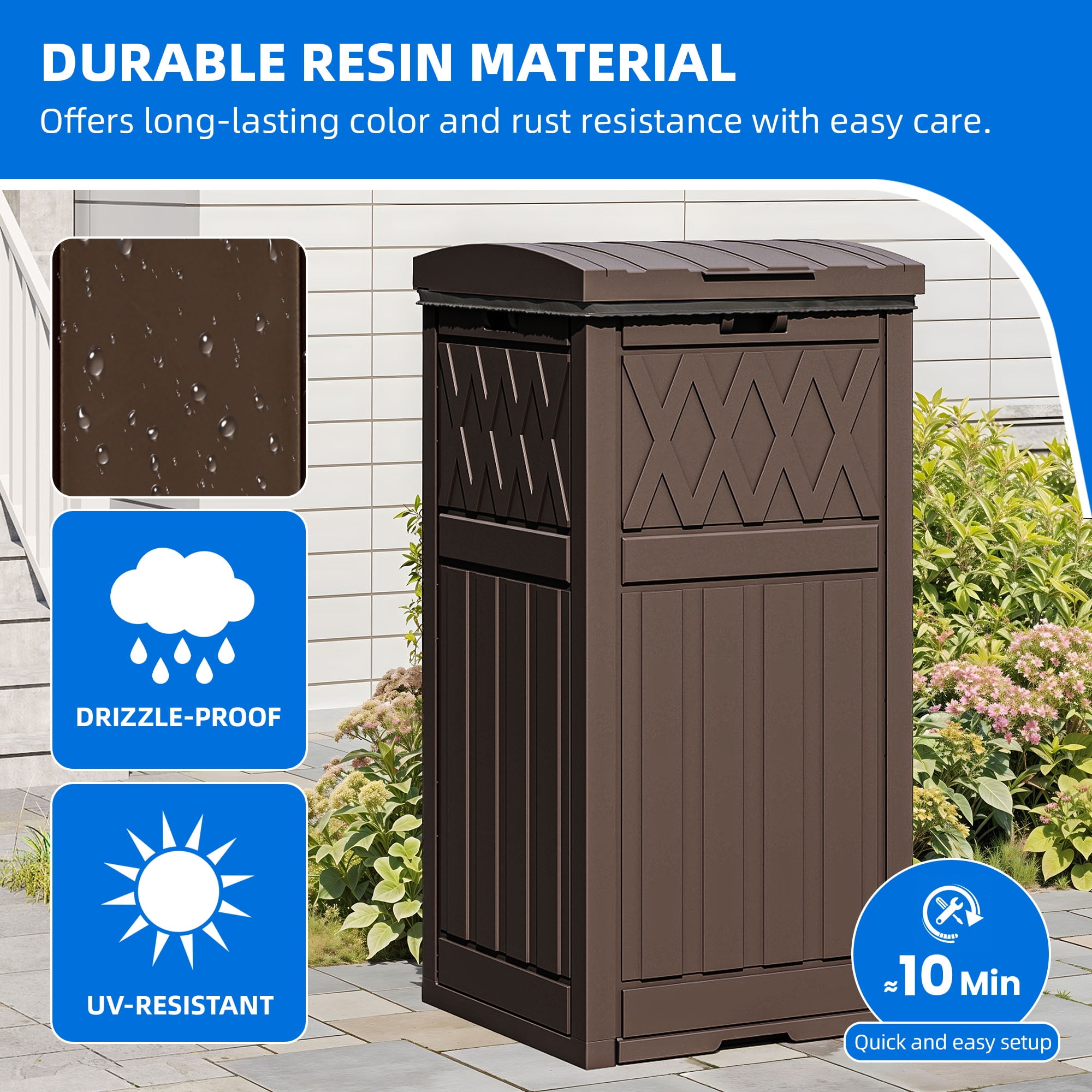 Dextrus 36 Gallon Outdoor Trash Can, Waterproof Resin Garbage Bin with Drip Tray & Lid, Trash Bin,for Porch, Backyard, Dark Brown