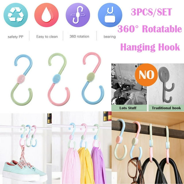 Home 3pcs Plastic Shape Hooks Rotatable Rack Shoes Towel Bag for Wardrobe Kitc Home Decor