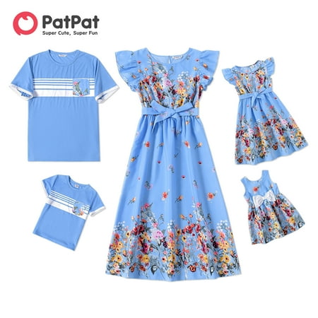 

PatPat Family Matching Floral Print Blue Ruffle-sleeve Belted Midi Dresses and Striped Short-sleeve T-shirts Sets