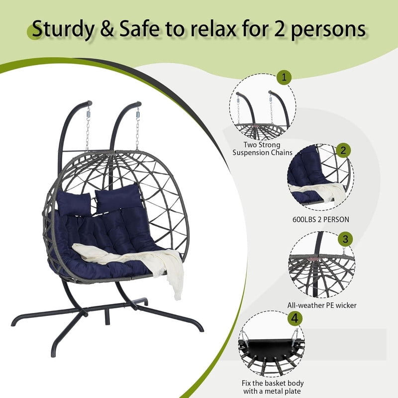 Double Swing Egg Chair with Stand,2 Person Indoor Outdoor Wicker Loveseat, Oversized Patio Hanging Basket Chair with Cushions, Cozy Sturdy Porch Swing for Backyard