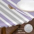 thumbnail image 3 of Light Purple Grey Stripe Round Tablecloth, Fitted Table Cover with Elastic for 45"-54" Round Tables, Farmhouse Minimalist Striped Table Cloth Outdoor Indoor Dinning Party Waterproof Tablecloths, 3 of 7