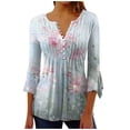 thumbnail image 1 of Pompotops Tunique Décontractée à Manches 3/4 Imprimée Florale Col en V pour Femmes Chemises Basiques d'Été Blouse Plissée Liquidation, 1 of 5