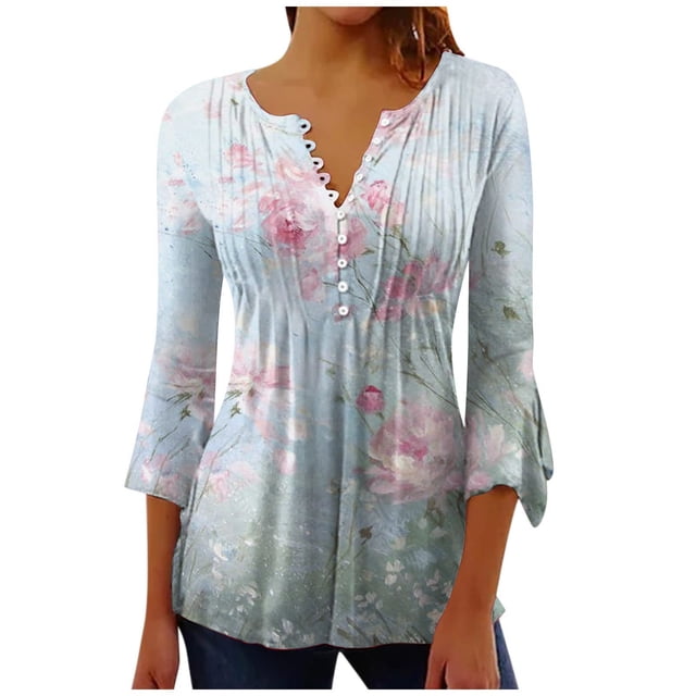 Pompotops Tunique Décontractée à Manches 3/4 Imprimée Florale Col en V pour Femmes Chemises Basiques d'Été Blouse Plissée Liquidation